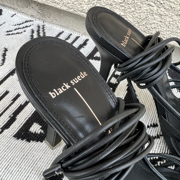 Black Suede Studio Black lace up square toe Strappy Sandal heels Size 37.5 (7.5) - Picture 2 of 9